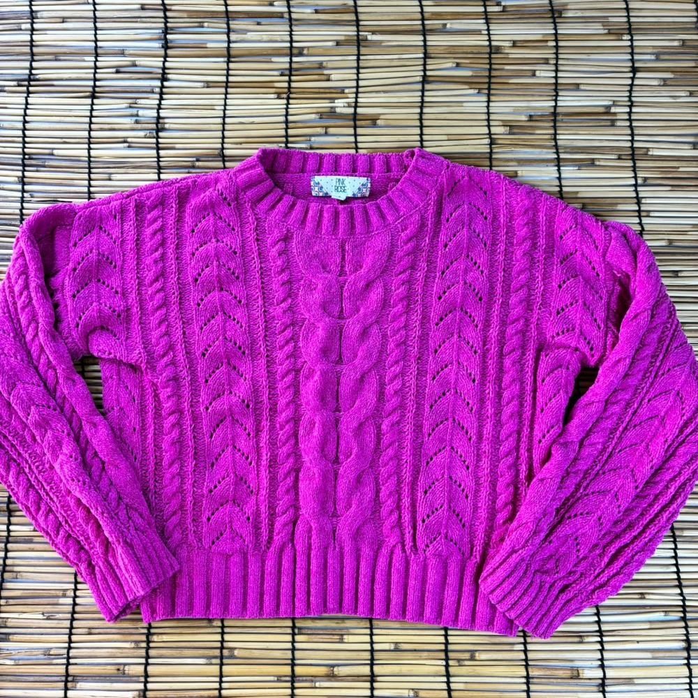 Pink Rose Magenta Chenille Cable Knit Sweater Womens Small 3S24915 Pink Pullover